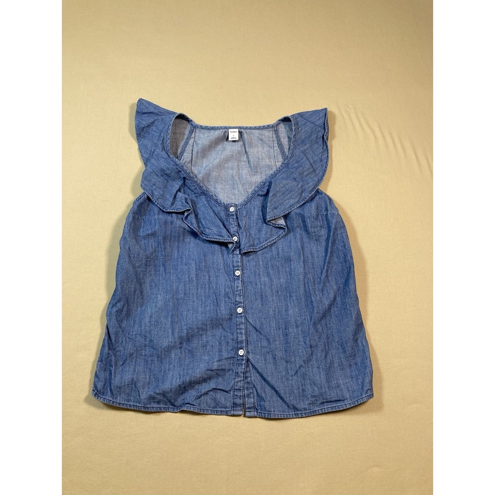 Old Navy Women's Blue Denim Ruffle Shirt Blouse Size Small 100% Cotton Romantic - Picture 1 of 7